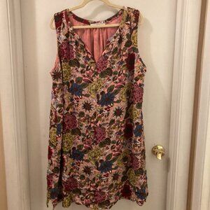 Loft Sleeveless Pink Floral Split Neck Tie Waist Dress